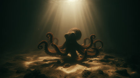 An octopus rests on the sandy ocean floor, illuminated by bright sunlight filtering through the water above, creating a serene atmosphere.の素材