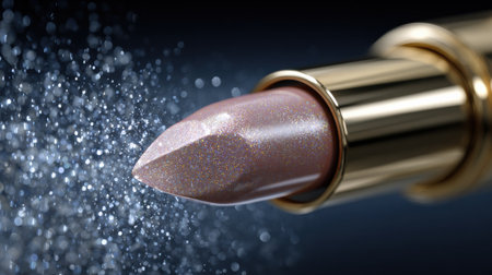 A kiss mark made with pearlescent lipstick fades into sparkling particles, showcasing elegance and luxury in a dramatic corner.の素材
