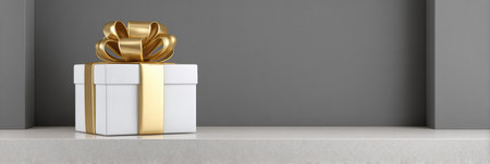 A clean white jewelry box features a shiny golden ribbon, set against a simple backdrop with ample space for text or decoration.の素材