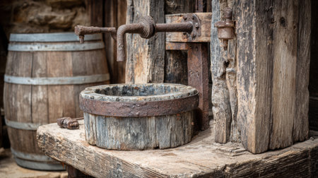 Old grape press made of weathered wood and metal sits in a rustic winery, reflecting the traditional winemaking process in a rural setting.の素材