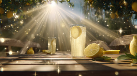 Bright sunlight sparkles over a picnic table featuring lemonade and fresh lemons, creating a perfect summer atmosphere.の素材