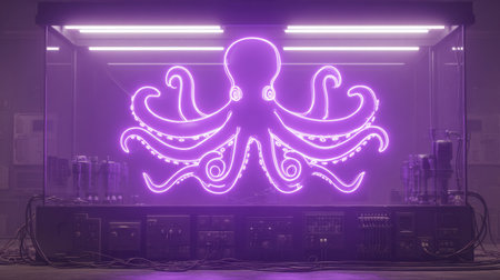 A vibrant neon purple octopus illuminates a spacious futuristic tank, showing innovative design ideal for pharmaceutical advertising.の素材