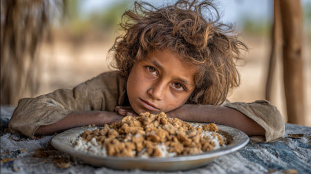Poor boy with a sad expression looks directly into the camera as he rests near a plate of rice, showing hunger in a rural setting.の素材