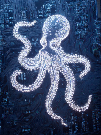 Circuit lines glow to form octopus tentacles on a dark motherboard, highlighting the blend of technology and nature in a striking aesthetic.の素材