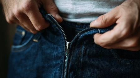 A man in a relaxed environment tries to zip up tight jeans over his belly, showing the challenges of fitting into snug clothing.の素材