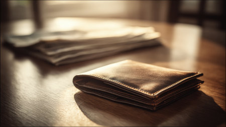 A leather wallet rests on a wooden desk, illuminated by warm sunset light, with soft blurred colors in the background creating a cozy atmosphere.の素材