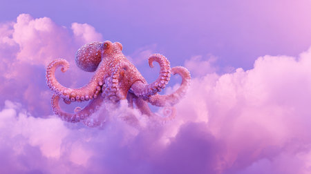 An octopus with vivid colors rises from soft clouds under a fantastical sky, showing a unique blend of surreal elements and vibrant tones.の素材