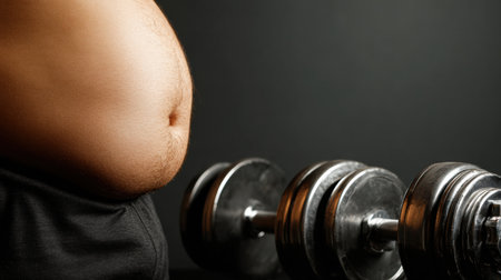 An obese belly is visible next to a set of gym dumbbells, highlighting the contrast between body image and fitness efforts in a dark setting.の素材