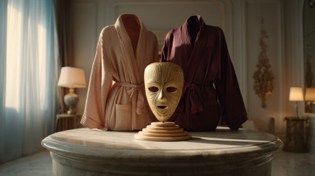 Skin mask product displayed on a marble podium surrounded by blurred spa robes, creating a relaxing spa atmosphere.の素材