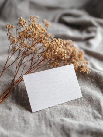 A blank white card rests on soft linen fabric next to delicate dried flowers, creating a serene and romantic atmosphere.の素材