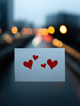 White card shows three red hearts in front of a soft, blurred background of colorful bokeh lights creating a dreamy effect.の素材