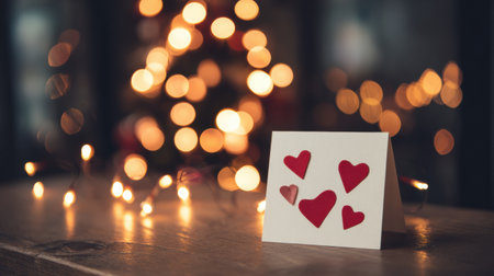 A minimal white card featuring red heart shapes sits on a wooden surface. Soft bokeh lights create a warm and inviting atmosphere.の素材