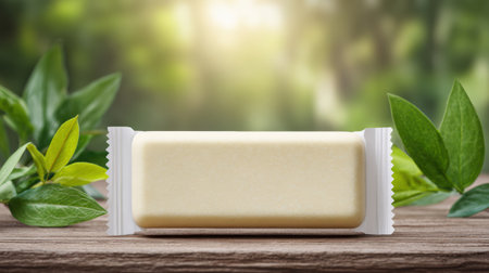 Central protein bar placed on a wooden surface with fresh green leaves blurring in the background, emphasizing natural nutrition.の素材