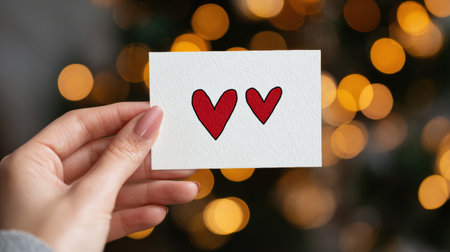 A hand holds a simple white card featuring two red hearts, set against a blurred background of heart-shaped bokeh lights, conveying love and warmth.の素材