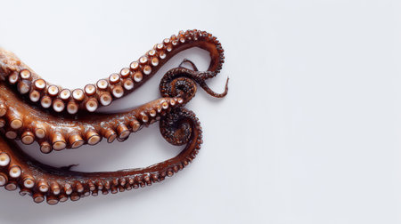 A detailed view of an octopus tentacle rests on a bright white background, showing its natural texture and form in a simple layout.の素材