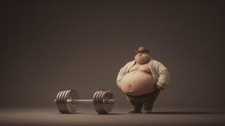 A person with an obese belly stands next to a set of gym dumbbells, showing a striking contrast in lifestyle choices and fitness goals.の素材