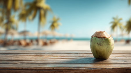 Coconut water rests on a wooden podium with a bright tropical beach and palm trees blurred in the background under sun glow.の素材