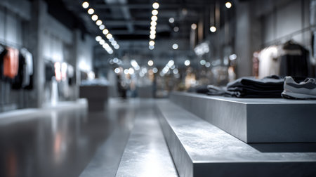 Inside a sportswear boutique, a clean metal podium stands out amid stylish apparel and an inviting atmosphere, showcasing contemporary designs.の素材
