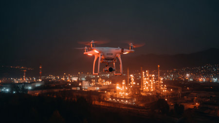 A drone captures the vibrant lights of an industrial site at night, blending technology with the bustling rhythm of the urban landscape.の素材