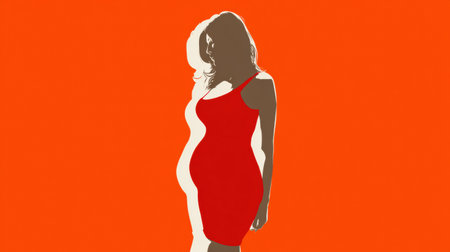 Woman in a tight red dress showcases a realistic belly bulge, representing common fashion difficulties with body shape and fit.の素材