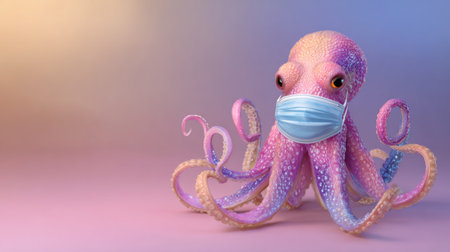 A realistic octopus in a medical mask stands out in a sterile setting, emphasizing the importance of health awareness in vibrant colors.の素材