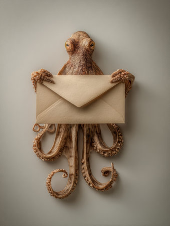 A realistic octopus delicately grips a blank envelope, symbolizing communication in a minimalist and calming environment.の素材