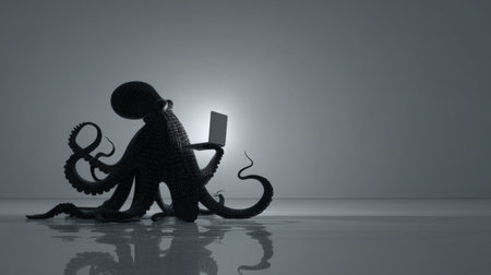 Silhouette showcases a realistic octopus gripping a laptop in a modern, tech-inspired space, emphasizing creativity and innovation.の素材