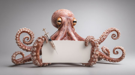 A detailed octopus grasps a medical syringe while positioned in a clinical setting, ready to engage with medical tasks.の素材