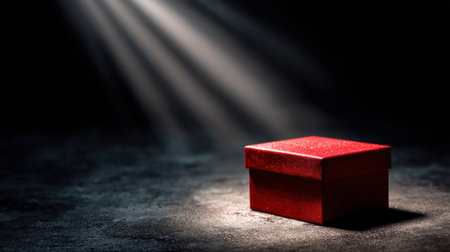 A classic red gift box sits under a spotlight against a black backdrop, creating an alluring atmosphere ideal for special occasions.の素材