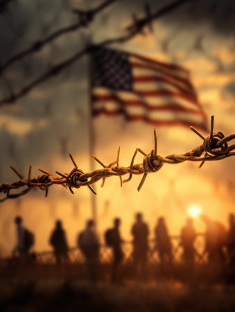 Silhouettes of people stand behind a barbed wire fence as the United States flag waves, highlighting migration issues against a sunset backdrop.の素材