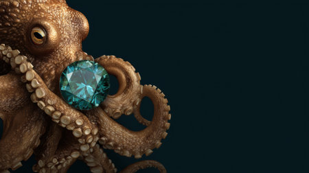 A realistic octopus gracefully holds a large gemstone, set against a stylishly dark backdrop, showingcasing luxury and elegance.の素材