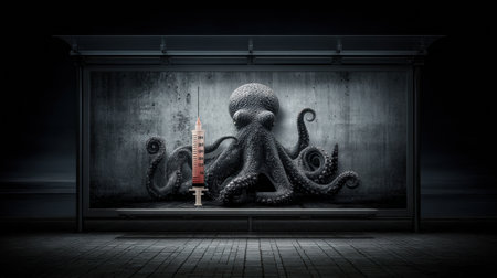 An octopus appears in a clinical space, gripping a medical syringe with its tentacles in a sterile environment lit by soft clinical light.の素材