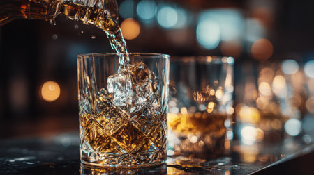 A bartender pours smooth whiskey over ice in a sparkling glass at a lively bar setting, creating a warm, inviting atmosphere.の素材