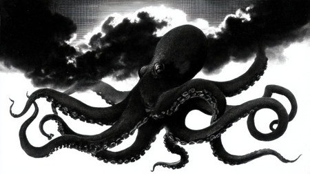 Octopus expels a dark cloud of ink, enhancing the contrast and drama of the scene while leaving an empty area for potential text.の素材