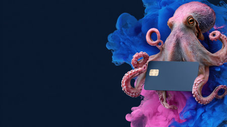 A realistic octopus holds a blank credit card silhouette against a colorful fintech gradient, blending blue and pink hues.の素材
