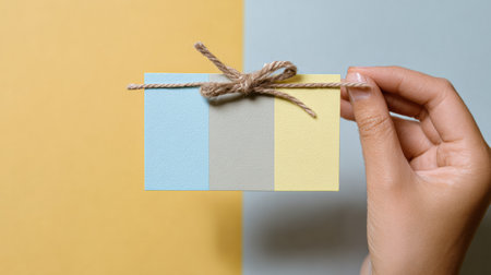 Blank greeting card mockup is styled with a ribbon clip and held against a pastel composition with soft colors, creating a calm feel.の素材