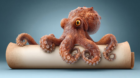 A lifelike octopus clasps a business contract scroll while resting on a smooth, blank paper panel in a corporate environment.の素材