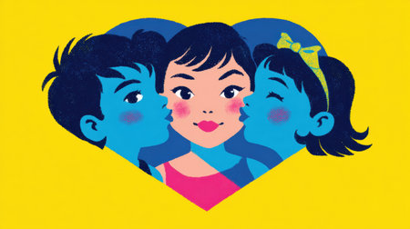 Colorful sticker design features kids kissing a central character in a large heart shape, ideal for childrens marketing materials.の素材