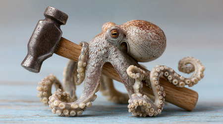 A realistic octopus holds a hammer while engaging in a repair task, set against a softly blurred industrial background.の素材