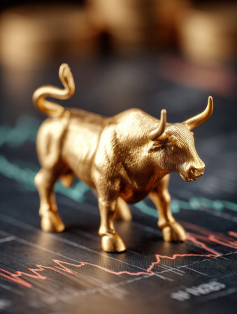 The golden bull figurine is placed on a financial chart, representing bullish trends and market strength, reflecting investor optimism.の素材
