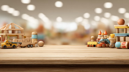 Colorful wooden toys are arranged on a table, creating a playful space for childrens educational activities in a classroom.の素材