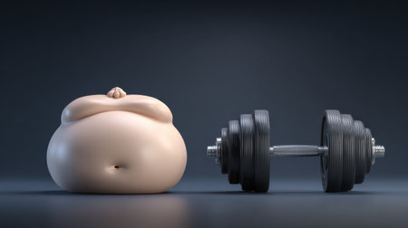 An obese belly is placed next to gym dumbbells, illustrating the stark contrast between body image and fitness efforts in a realistic setting.の素材
