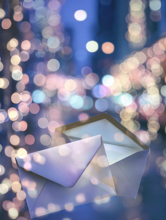 Soft bokeh lights create a romantic setting, featuring an empty card and envelope for heartfelt messages or corporate invitations.の素材