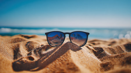 Sunglasses sit on golden sand with gentle waves in the background, capturing the essence of a bright beach day.の素材