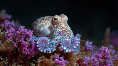In a calm ocean setting, an octopus interacts softly with algae, showing its beautiful colors and the surrounding coral environment.の素材