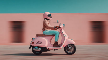 A person rides a pink scooter on a vibrant city street, enjoying the sunny weather and urban scenery.の素材