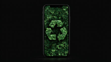 A smartphone shows a green recycling symbol designed from leaves, highlighting the importance of sustainability in modern technology.の素材
