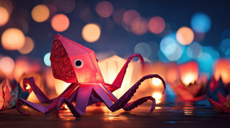 A beautiful origami octopus lantern glows amidst a colorful festival evening filled with joyful celebrations and artistic displays.の素材