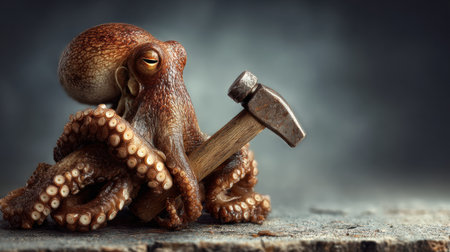 An octopus grips a hammer, engaging in repair work against an industrial backdrop, creating a unique scene of creativity and skill.の素材
