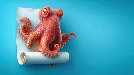 A realistic octopus grips a business contract scroll against a bright blue background, showing a creative corporate theme with blank paper.の素材